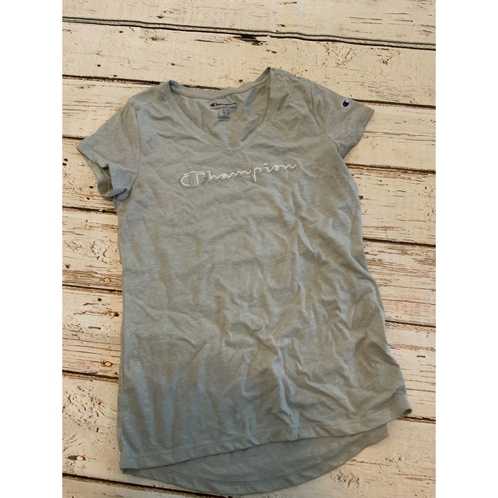 Champion‎ Womens V-Neck T-Shirt Gray Short Sleeve Embroidered Logo Size Small